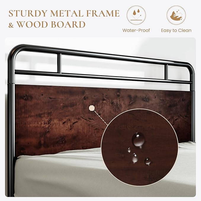 SHA CERLIN Queen Size Bed Frame with Wooden Headboard and Footboard, Rounded Corner Metal Structure, Heavy Duty Slats with Under-Bed Storage, No Box Spring Needed, Mahogany