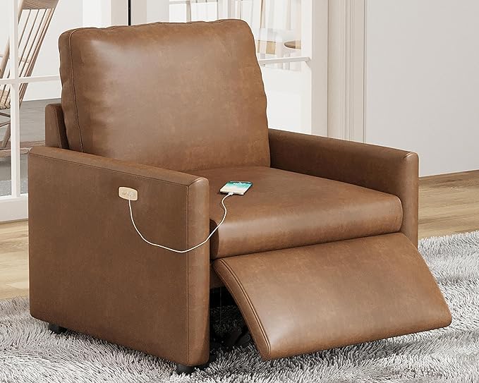 AMERLIFE 36.5” Power Recliner Chair, Single Electric Reclining Sofa with USB Charging Port, Leather Recliner for Living Room, Brown