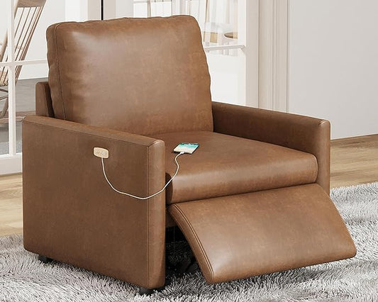 AMERLIFE 36.5” Power Recliner Chair, Single Electric Reclining Sofa with USB Charging Port, Leather Recliner for Living Room, Brown