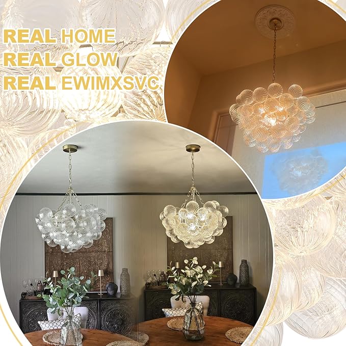 Dia 24" Bubble Chandelier, 5-Light Clear Hand Blown Glass Chandelier Gold Brass Chandeliers for Living Room Globe Ball Modern Chandeliers for Dining Room Foyer Bedroom Entry(G9 LED Bulb Base)