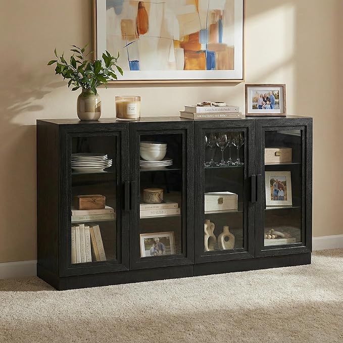 Casaphoria Adam Sideboard Buffet Cabinet with Storage, Display Cabinet with Glass Doors & Adjustable Shelves, 62" W x 36" H Buffet Cabinet for Entryway Kitchen Living Room, Black