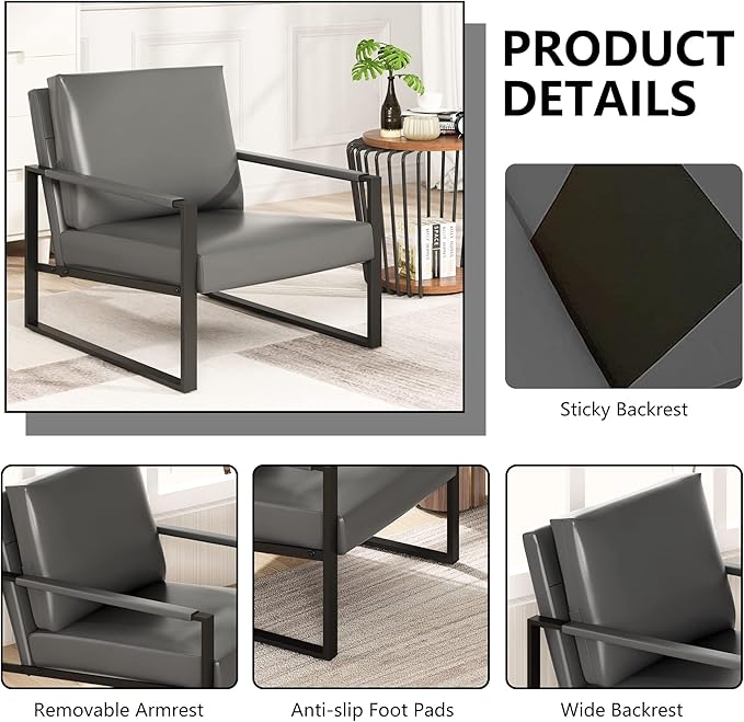 AWQM Leather Accent Chair Set of 2 Sofa Chair Extra-Thick Padded Backrest Seat Cushion Single Sofa Bedroom, Black Metal Frame, 105 Degree Slant Back-Grey（Set of 2）