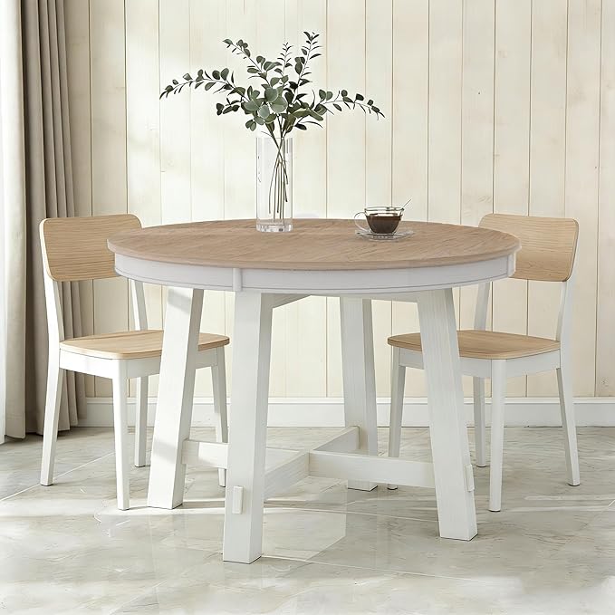 Bellemave 42"-58" Extendable Dining Table for 4-6, Solid Wood Oval Dining Kitchen Table with Removable Leaf, Farmhouse Circle Desk for Kitchen Living Room Space Saving (Natural+White)