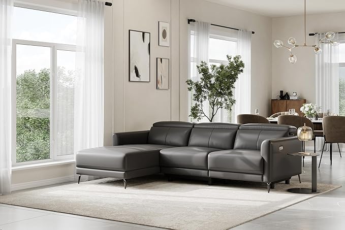 Valencia Andria 99.5" Reclining Leather Sectional Sofa, Reclining Couch with Left Hand Chaise | Italian Nappa 11000 Top Grain Leather | Power Reclining Seat with Adjustable Headrests - Cloudy Grey