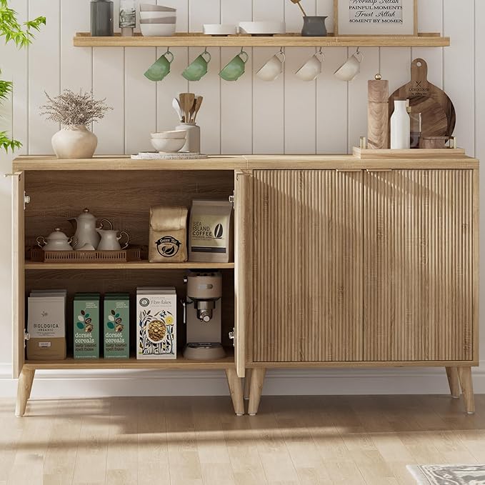 Buffet Cabinet with Storage, Modern Fluted Accent Sideboard with Doors & Adjustable Shelves, Buffet Table Entryway Cabinets for Living Room, Kitchen, Dining Room, Hallway, Natural