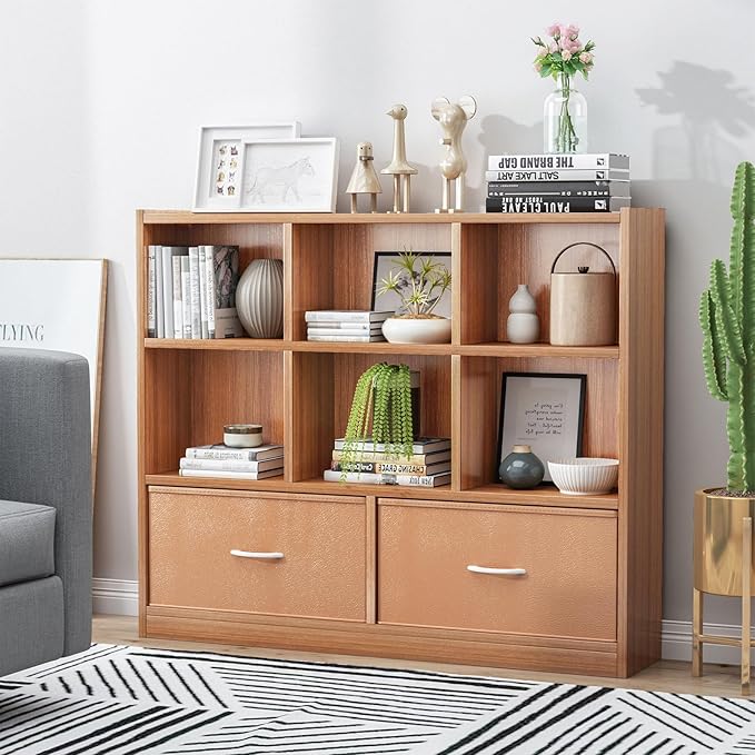 Cube Bookshelf Storage Organizer Bookcase,8 Cube Open Mid-Centur Shelf,Freestanding Display Bookshelve, Modern Wide Toy Shelf with Drawers for Bedroom Living Room Office (Natural)