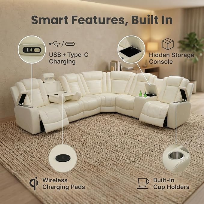Power Recliner Sectional Sofa, Off-White Breathing Leather L-Shaped Corner Couch with LED Lights, USB/Type-C, Wireless Charging, Cup Holders & Storage Console for Living Room Theater