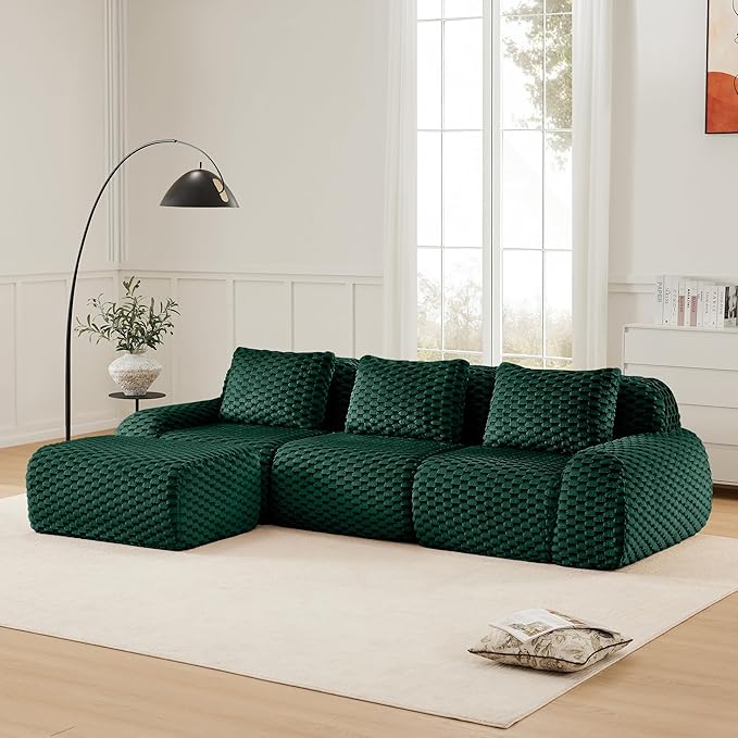 KEIKI 114" Oversized 3-Seater Boneless Couches for Living Room, Compact Modular Sectional Velvet Sofa, Deep Seat Cozy Foam Lounge Couch No Assembly for Apartment Space, Modern Comfort Design, Green