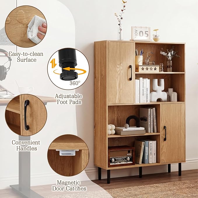 Giantex 47-Inches Storage Cabinet with Doors, Open Shelves, Anti-Tipping Device, 4-Tier Bookcase for Books & Photos, Tall Cupboard, Floor Cabinet for Living Room, Kitchen Buffet Sideboard (Natural)