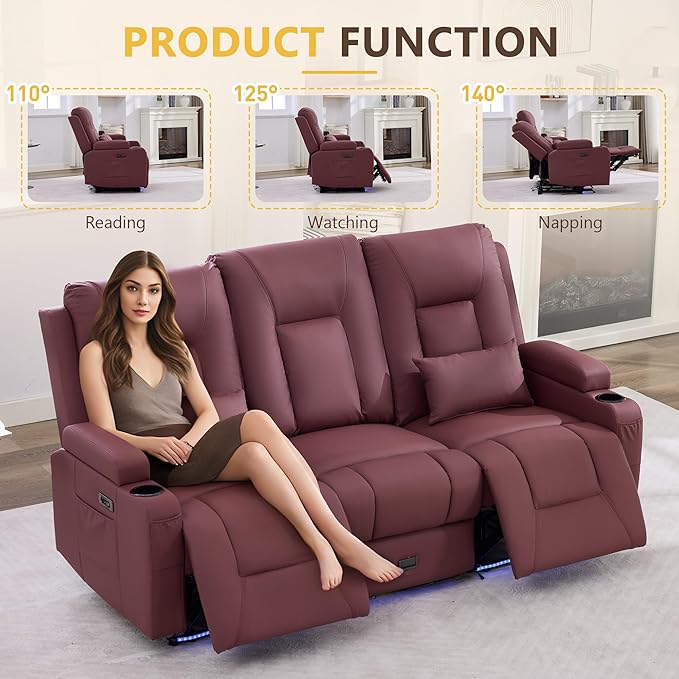URRED Power Loveseat Recliner Sofa with Console, Wall Hugger Reclining Loveseat RV Couch with LED Light, 150° Zero Gravity Recliners Modular Couches for Living Room (Red, 77.3'' - 3 Seats)