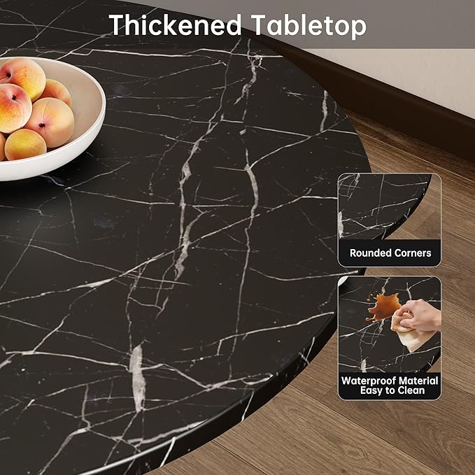 Black Marble Round Dining Table 24" Circle Tulip Table with Thickened Tabletop & Sturdy Metal Pedestal Mid Century Modern Leisure Bistro Kitchen Tables 2 People Small Places Living Room Cafe
