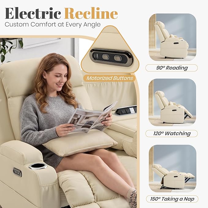 2-Piece Power Reclining Sofa Set, 3-Seater Sofa with Drop-Down Console & 2-Seater Loveseat, Zero Wall Hugger Electric Recliner Couch with Adjustable Headrest, AC Outlets (Light Beige, 3 Seat)