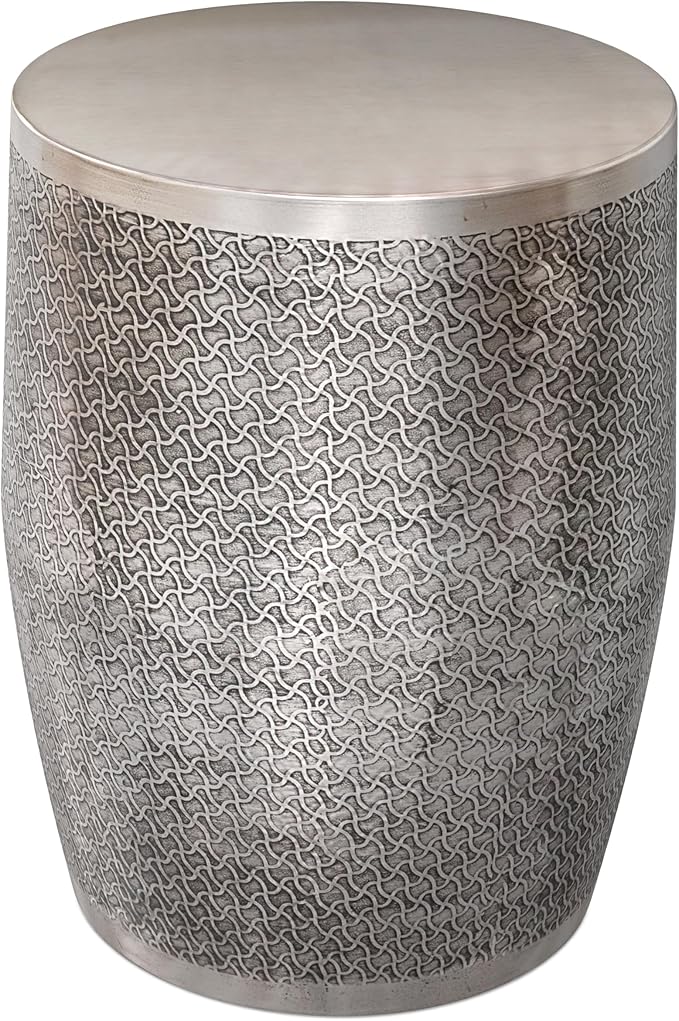 SIMPLIHOME Johnsen Metal Table - 18 inch Wide Solid Iron Round Accent Table in Antique Silver, Boho Side or End Table for Living Room, Bedroom or Family Room with Etched Web Pattern, Assembled
