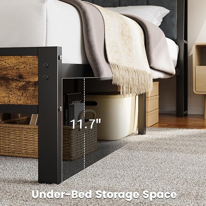 Full Size Bed Frame with Smart LED Light, Wood Storage Charging Station Headboard, Metal Platform Bed, No Box Spring Required, Easy Assembly, Noise Free