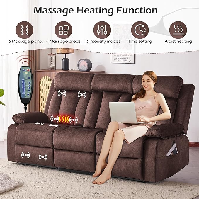 Power Reclining Sofa with Heat&Massage, Reclining Couch with Multi-Function Console/USB Ports/Type C, Wall Hugger 3 Seater-Sofa Recliner, Reclining Sofa Couch for Living Room