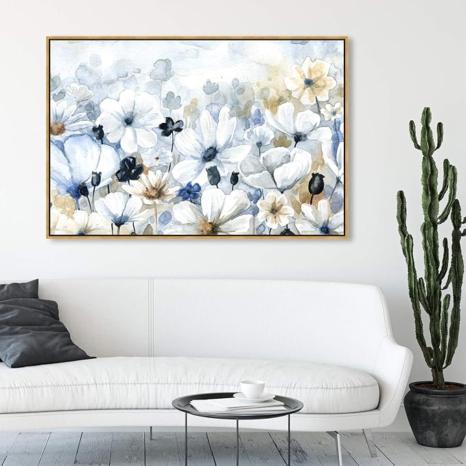 The Oliver Gal Artist Co. Floral and Botanical Wall Art Framed Canvas Prints 'Fields Flowers Home Décor, 54" x 36", Blue, White