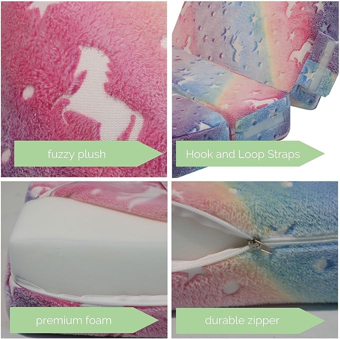 MeMoreCool Glow Rainbow Unicorn Tri-fold Sofa Bed for Kids, Foldable Futon Mattress, Chair, and Floor Couch for Playroom