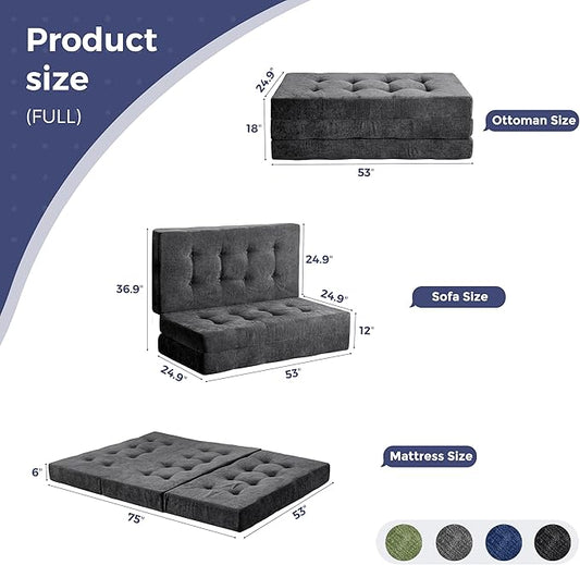 MAXYOYO Tri-Fold Mattress, 6 Inch Tufted Folding Mattress with Chenille Fabric, Portable Full Size Floor Guest Mat for Adults, Foldable Topper for Camping, Dark Grey, 53"x75"