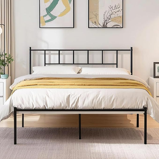 VECELO Queen Metal Platform Bed Frame with Headboard, Heavy Duty Steel Slat Support, Under Bed Storage,No Box Spring Needed, Easy Assembly
