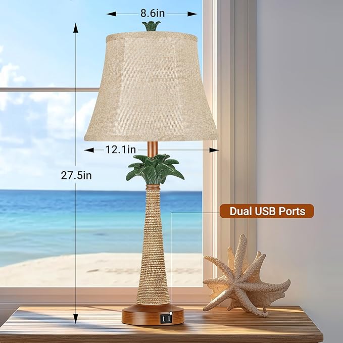 Hamucd Set of 2 Coastal Palm Tree Table Lamps with 2 USB Ports for Living Room Beach Nautical Bedside Lamps for Bedroom Tropical Nightstand Lamps for Home Decor