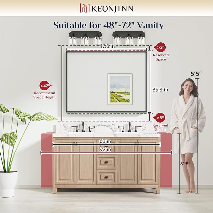 Keonjinn 48 x 36 Inch Brushed Nickel Bathroom Mirrors for Over Sink, Beveled Rectangle Framed Mirrors for Wall, Farmhouse Bathroom Vanity Mirror, Tempered Glass, Square Corner