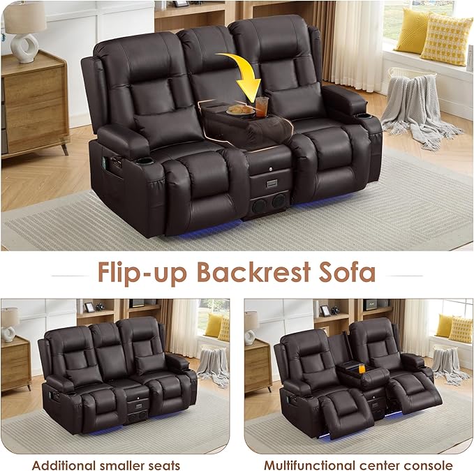 TUNYI Wall Hugger Loveseat Recliner Sofa with Console, Power Reclining Loveseat RV Couch with Massage & Heat/USB/Outlet/Storage/LED Light/Speaker (Espresso)