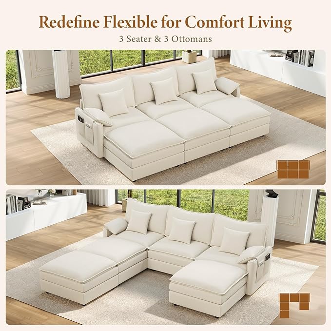 Vesgantti 108" Sectional Sleeper Sofa, 6-Seater Oversized Modular Cloud Couch with Movable Ottoman, Chenille Large Sofa Bed Convertible Deep Seat Couches for Living Room, Bedroom and Apartment, White | Sink-in Comfort, Height Adjustable, Easy Rearrange...