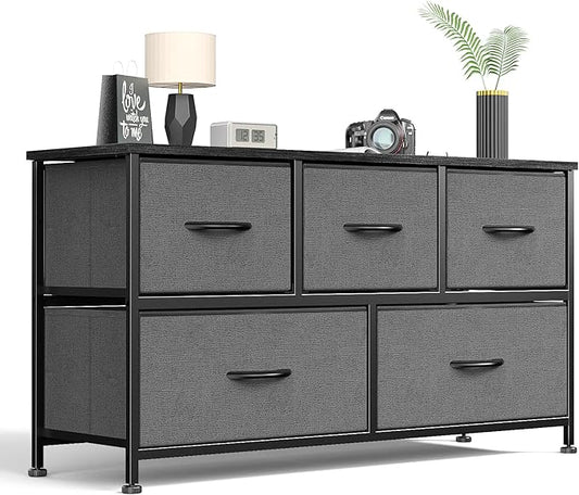Sweetcrispy Dresser for Bedroom 5 Drawer Chest Tower, Small Storage Organizer Units Kidsroom, Living Room, Closet, Wooden Top Steel Frame & Fabric Bins, Lightweight TV Furniture, Clothing Cabinet