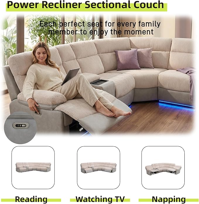 Power Reclining Sectional Sofa, 5 Seat Sectional Couch with Recliners, Soft Corduroy & Breathing Leather Sectional with 2 Recliners,USB Charging Ports,LED Light Strip, Living Room Furniture Set | Breathable material, LED Lighting