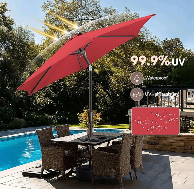 7.5ft Outdoor Patio Umbrella - Table Umbrella Waterprool UV Protection, Sombrillas de Patio with Push Button Tilt, Sun Umbrella for Pool, Porch, Garden, Deck, Backyard (Red)