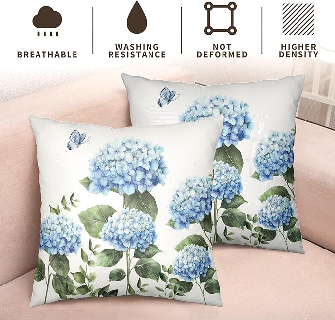 Blue Hydrangea Flower Pillow Covers 16x16 Set of 2 Spring Watercolor Floral Outdoor Throw Pillow Case Summer Green Leaf Seasonal Decorative Cushion Covers for Living Room Couch Sofa Porch