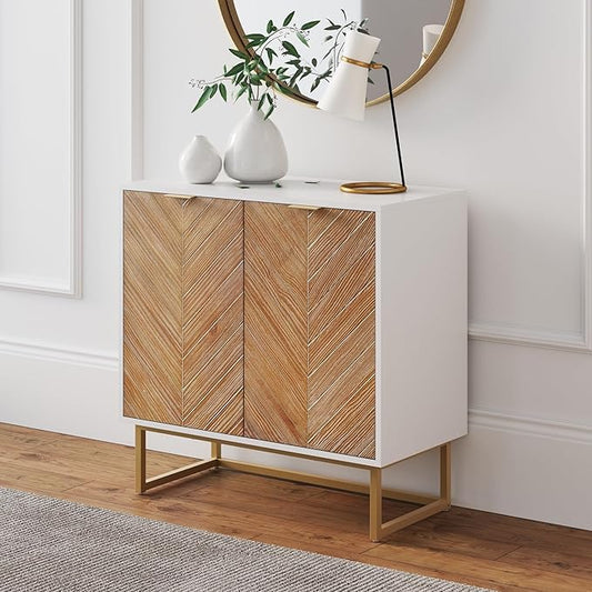 Nathan James Enloe Modern Storage Free Standing Accent Cabinet White with Doors in a Rustic Pine Wood Finish and Gold Powder-coated Metal Base for Hallway, Entryway or Living Room, Brown/White/Gold