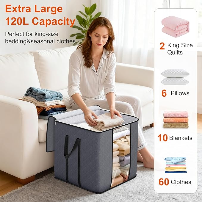 SLEEPING LAMB Extra Large 120L Blanket Storage Bags, 2 Packs Comforter Storage Bags for King Bedding Sheets and Breathable Clothes Containers for Closet Organizer Quilts, Pillows, Grey