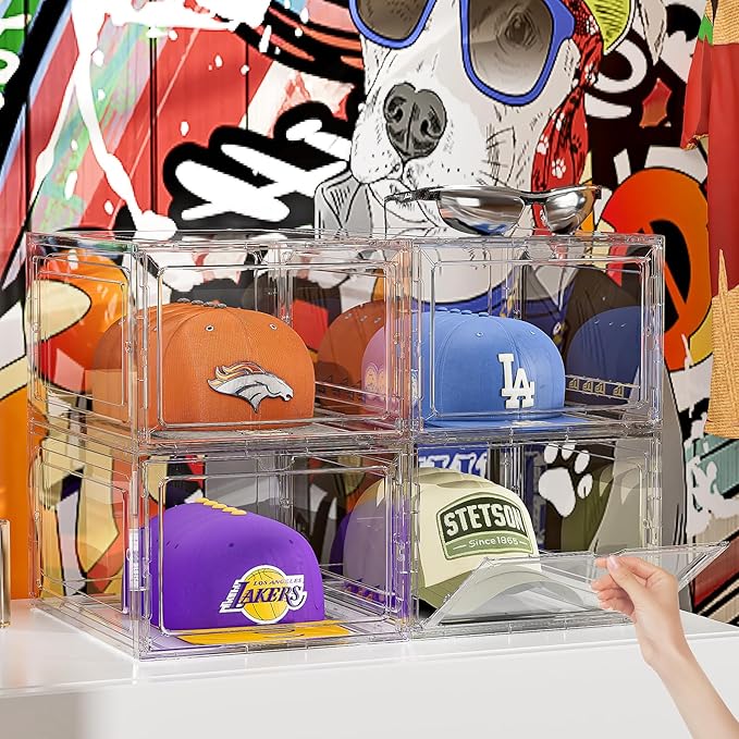Hat Organizer Box for Baseball Caps, 4 Pack Clear Plastic Hat Storage Box Display Case with Magnetic Door, Hat Rack Holder for Closet, Snapback Organizer, Hold 8 Cap Each