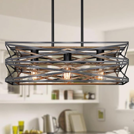 21''Farmhouse Dining Room Light Fixture,3-Light Kitchen Island Lighting,Industrial Chandelier for Dining Room Over Table Kitchen Bar,Linear Chandelier with Retro Wood Texture Interior