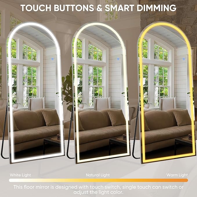 Antok LED Full Length Mirror with Light, 59"x22" Lighted Full Body Mirror with Stand, Dimmable & 3 Color Lighting Standing/Leaning/Wall Mounted Vanity Mirror for Bedroom Cloakroom Livingroom(Arched)