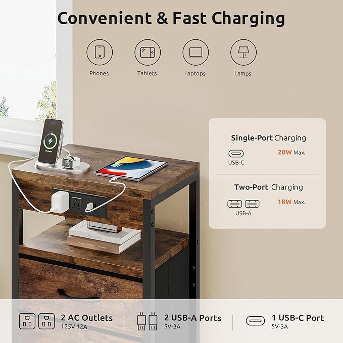 NightStand Bedside Charging Table Bedroom - Brown Night Stand with Charger Station, Modern Bed Side End Table with Open Shelf & 2 Fabric Drawers, USB-C Port for Dorm, Living Room