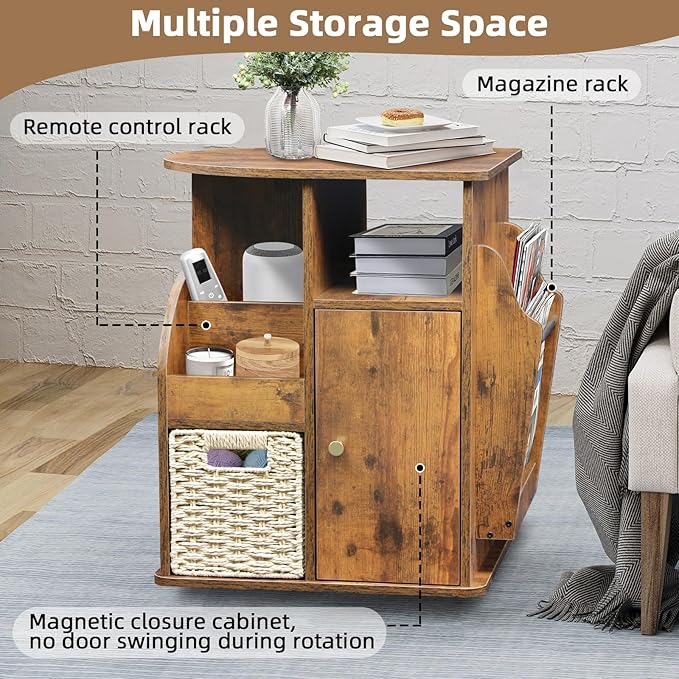 TooCust Rotating End Table with Storage, Rotating Side Table Living Room, Side Table with Magazine Holder, Basket and Cabinet, Sofa Side Farmhouse End Tables with Open Shelf (Rustic Brown)