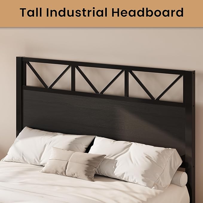 LIKIMIO Queen Bed Frame, Tall Industrial Headboard 51.2 ", Platform Bed Frame with Strong Metal Support, Solid and Stable, Noise Free, No Box Spring Needed, Easy Assembly, Black
