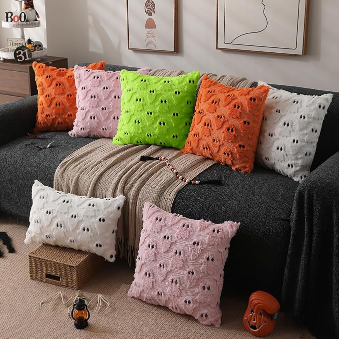 DFXSZ Halloween Pillow Covers 16x16 inch Set of 2 Green Ghost Throw Pillow Cases Soft Plush Faux Fur Wool Couch Cushion Case for Chair Sofa Bedroom Living Room Home Decor PTK03Y16