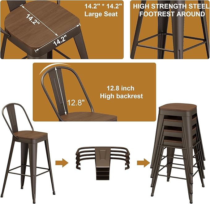 Andeworld Metal Bar Stools Set of 4, 26 inch Counter Height Barstools with Backs Farmhouse Modern High Back Bar Stools with Larger Seat Kitchen Dining Bar Chairs,Rusty
