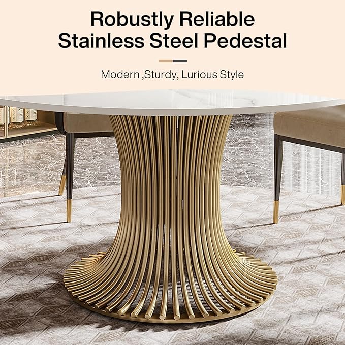Tribesigns 59" Modern Sintered Stone Round Dining Table for 6-8, Luxury White Kitchen Table with Golden Stainless Steel Pedestal for Dining Room,Living Room (Only Table)