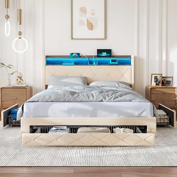 VECELO Velvet Full Size Upholstered Bed Frame with Headboard, Sturdy Platform Full Bed Frame with 3 Capacious Drawers, LED Light, Charging Station, USB Ports, Quiet, Easy Assembly, Beige