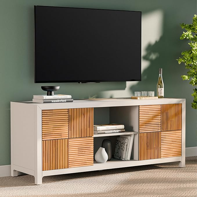 Bme Madia Deluxe TV Stand, Fully Asssembled Entertainment Center for up to 58 inch TV, Unique Pattern TV Console for Living Room, Bedroom, Dinning Room