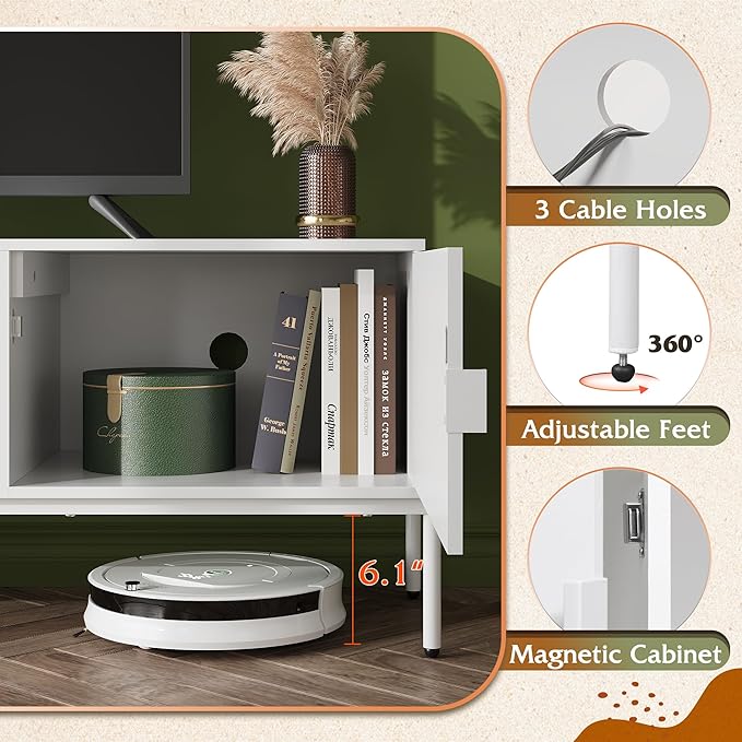 WLIVE TV Stand for 65 Inch TV, Mid Century Modern Entainment Center with 2 Storage Cabinets & Open Shelf, TV Console Table Media with Metal Legs for Living Room, Bedroom, White