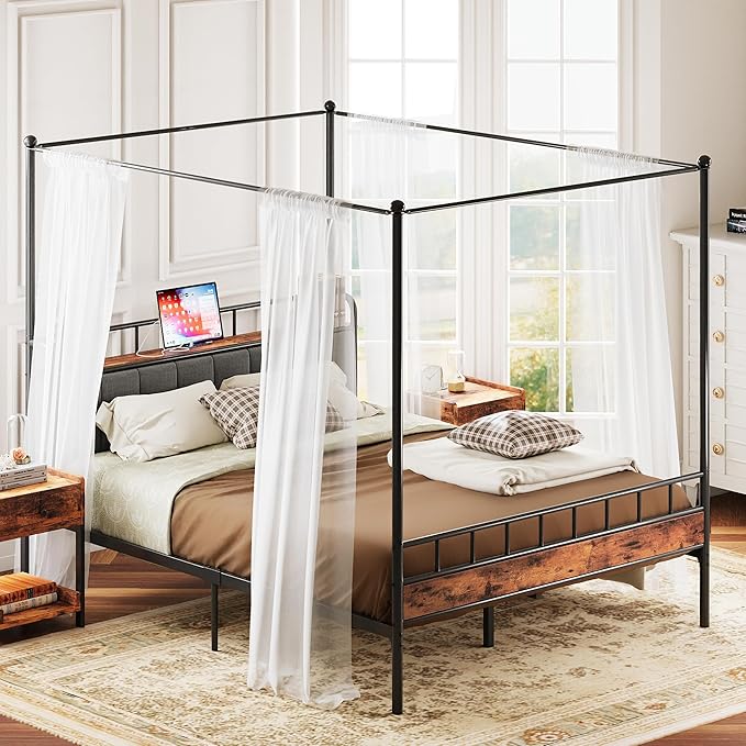LIKIMIO Canopy Bed Frame Queen, Storage Headboard with Charging Station, Platform Bed with 4 Removable Sturdy Posts, Noise Free, No Box Spring Needed, Vintage Brown