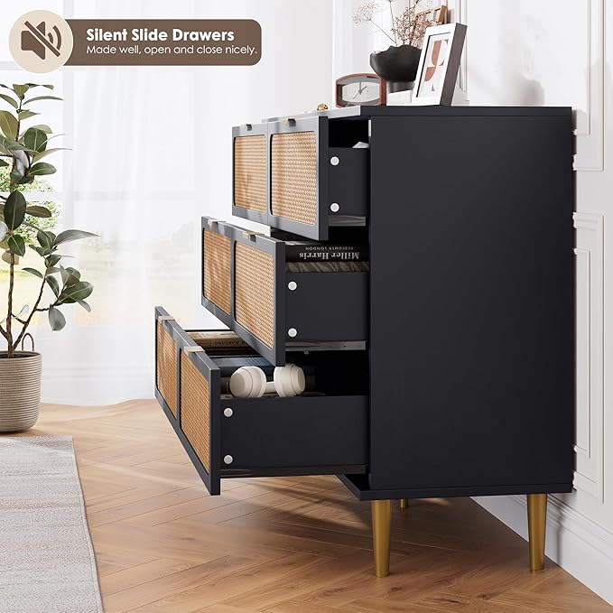 GarveeHome Rattan 6 Drawer Dresser for Bedroom, Large Double Dresser with Deep Drawers, Long Wooden Chest of Drawers for Closet with Wide Top, for Living Room, Hallway, Kids Room, Black