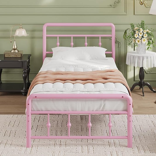 12 Inch Twin XL Bed Frames with Headboard and Footboard, Heavy Duty XL Twin Metal Mattress Foundation No Box Spring Needed, Noise Free, Easy Assembly, Pink