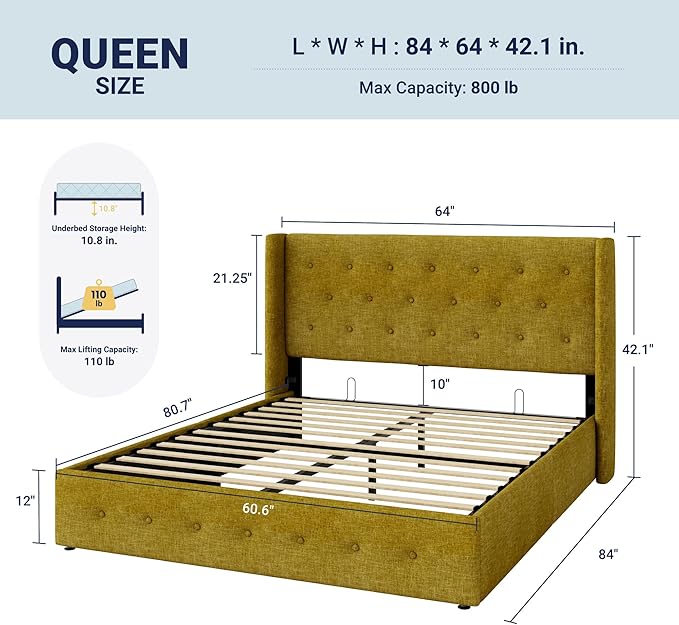 Allewie Queen Size Lift Up Storage Bed, Button Tufted Headboard with Wingback, Hydraulic Support, No Box Spring Needed, Olive Yellow