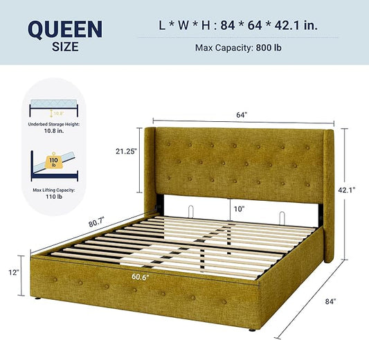 Allewie Queen Size Lift Up Storage Bed, Button Tufted Headboard with Wingback, Hydraulic Support, No Box Spring Needed, Olive Yellow